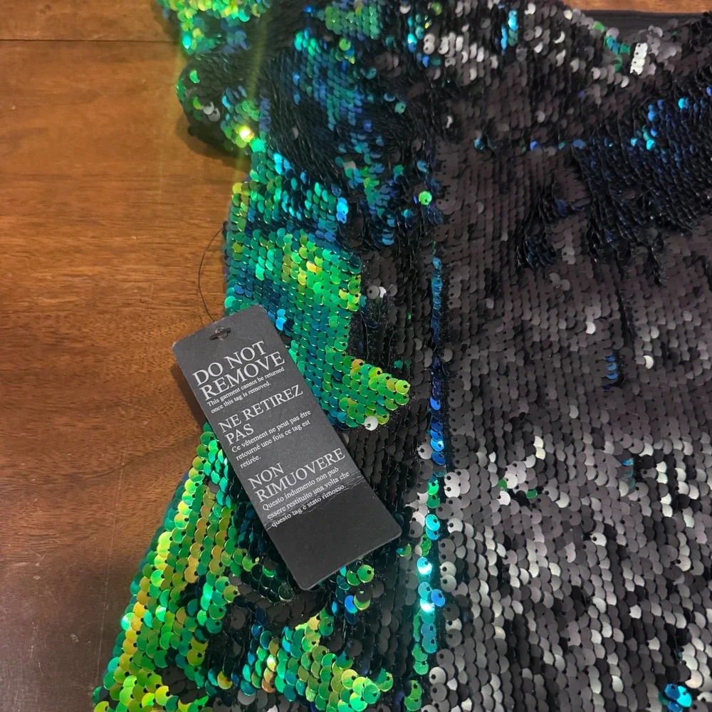 Guess Sequin Off Shoulder Mini Dress Black Green Teal Sz S NWT Holiday Mermaid